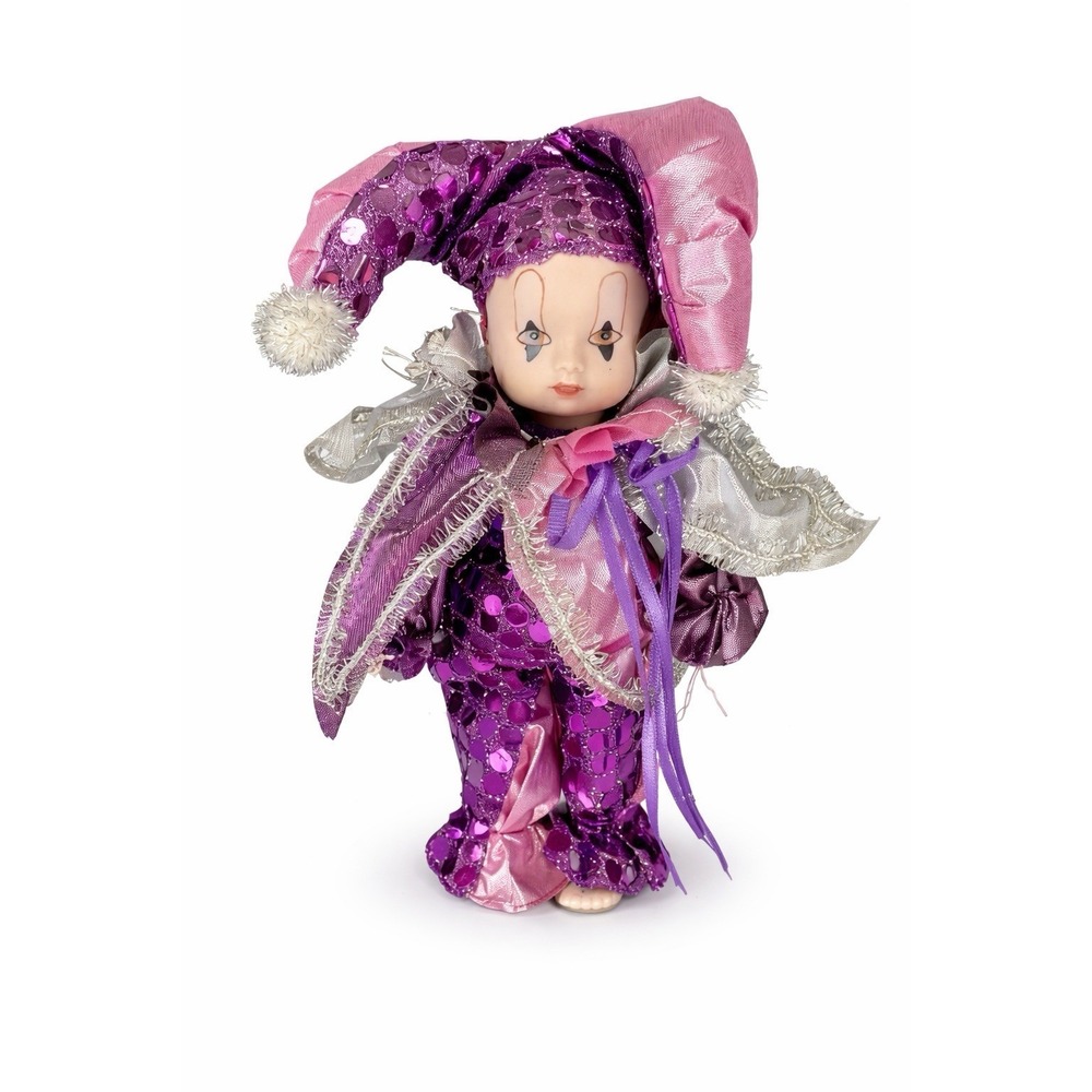 Mardi Gras Porcelain Clown Jester Harlequin Doll , Purple 8"